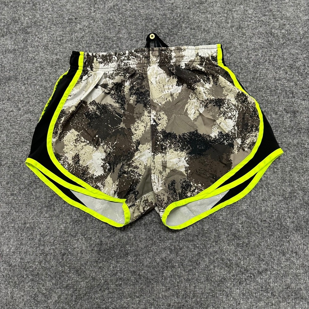 Nike Athletic Shorts Womens Size M Grey Camo Dri-Fit Running Neon Trim